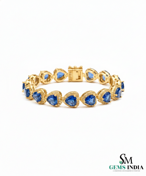 Heart Shape Lab Grown Blue Sapphire & Diamond Halo Bracelet - Romantic gift for her