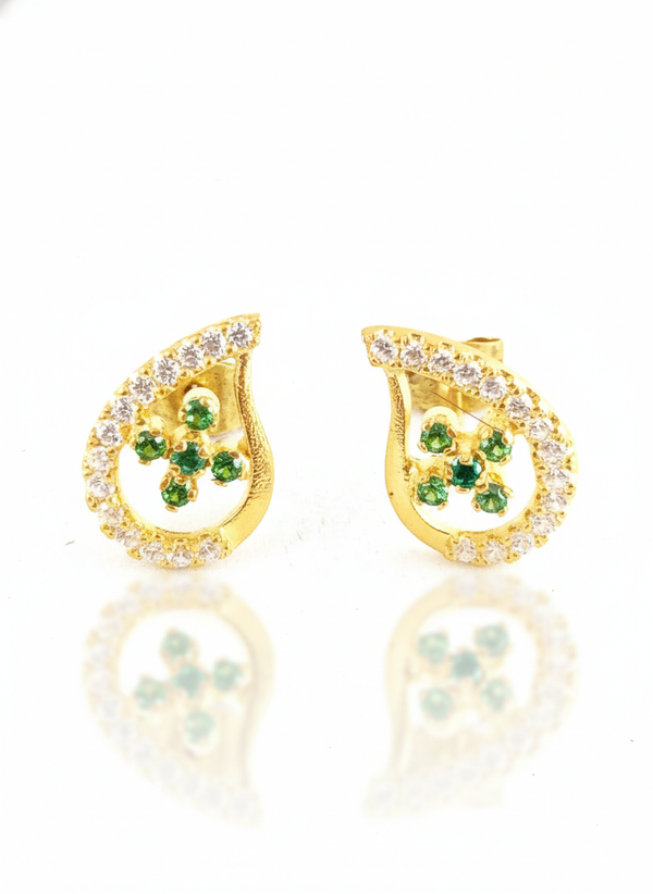 Teardrop Stud Earrings with Round Natural Emerald Cluster & Diamonds in Gold Unique Gift for her