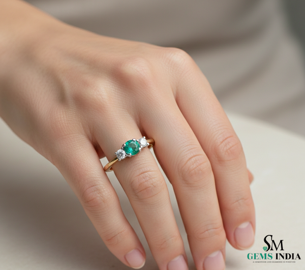 Minimalist Emerald Center Stone Ring with Diamond Accents