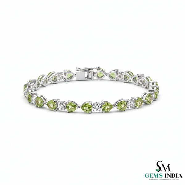 Green Heart Cut Gemstone & Diamond Gold Tennis Bracelet - Heart Jewelry