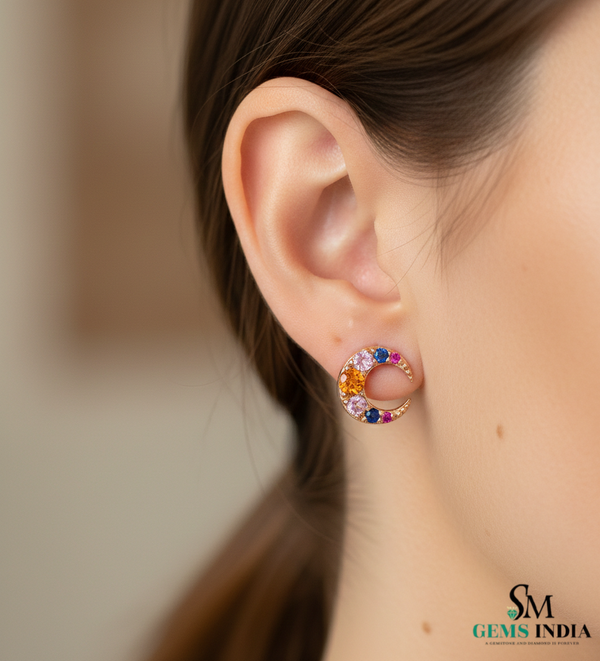 Rainbow Gemstone Crescent Moon Stud Earrings – Multicolor Sapphire & Diamond Accent Celestial Earrings