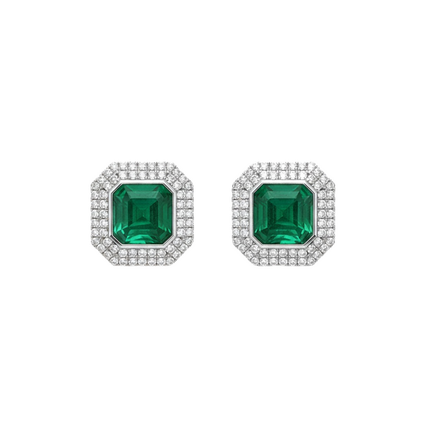 Elegant Octagon cut Natural Emerald Green Stud Earrings with Dazzling Halo