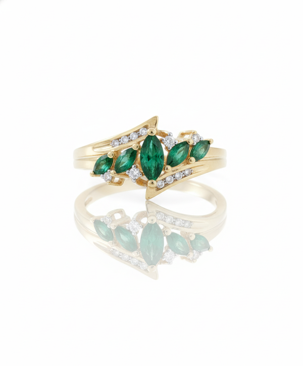 Marquise cut 1.40 carat Natural Emerald and Diamond Leaf Ring in 14k Gold