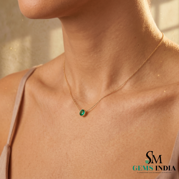 Round Emerald Bezel Set Pendant Necklace – Minimalist Solitaire Green Gemstone Fine Jewelry