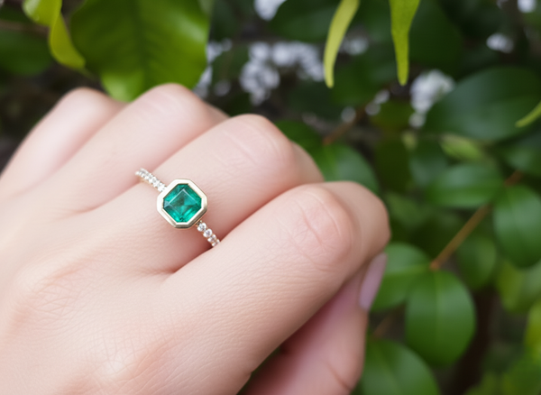 0.90 Carat Emerald-Cut Green Emerald & Diamond Band Ring in 14K Gold