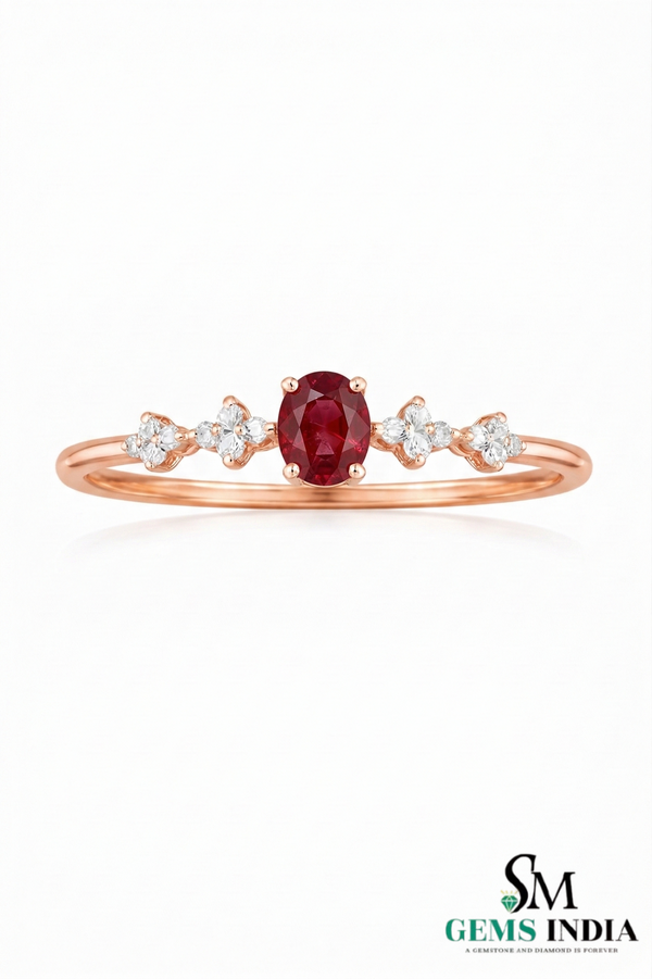 Oval Ruby Ring with Diamond Flower Accents Delicate July Birthstone Ring