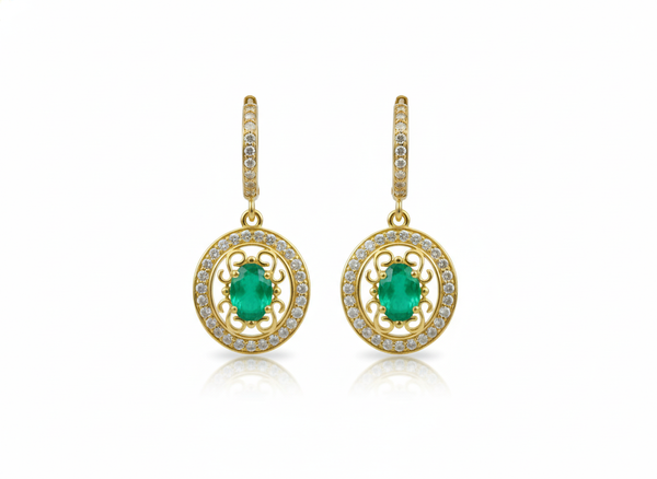 14K Gold Oval Shape Natural Emerald Diamond Dangle Earrings Vintage Style Women Earring