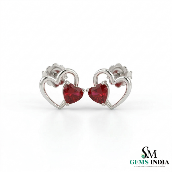 Heart Shaped Natural Ruby Stud Earrings - Valentine Gift for Her