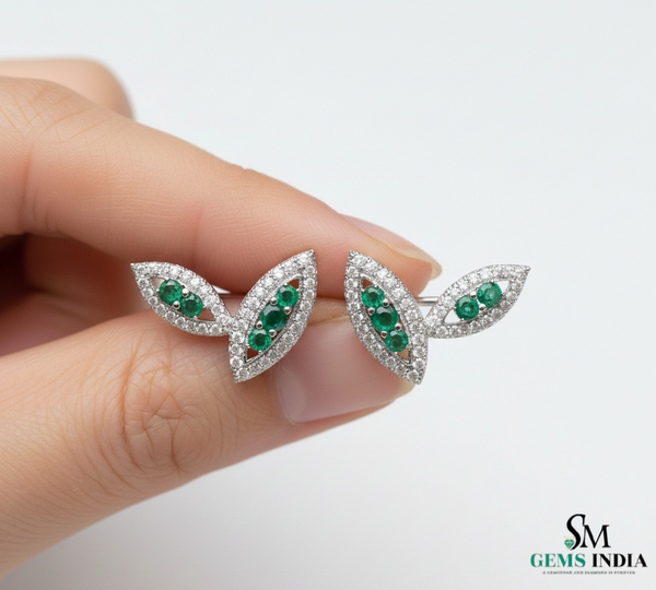 Minimalist Round Emerald Diamond Marquise design Stud Earrings