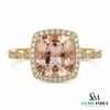 Cushion Cut Peach Statement Morganite Halo Ring with Brilliant Diamond Border
