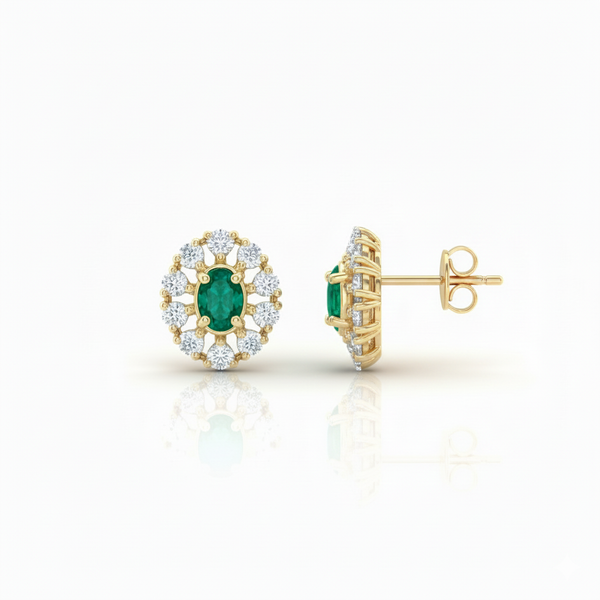 Oval Natural Emerald Stud Earrings 14k Gold Diamond Halo Earrings