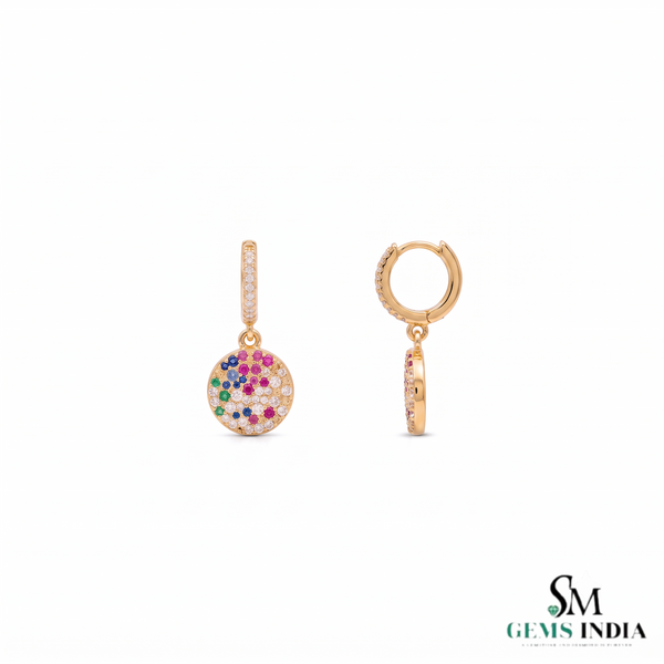 Multi-Color Sapphire & Diamond Disc Drop Hoop Earrings - Rainbow Gemstone Fine Jewelry for Women