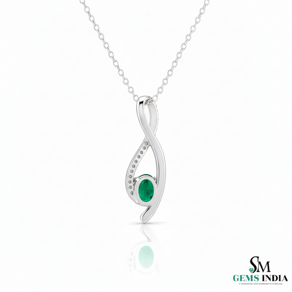 Oval Shape Natural Green Emerald & Diamond Twist Pendant - Green Gemstone Jewelry