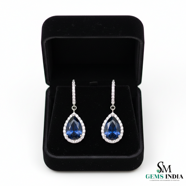 Pear Shaped Blue Sapphire and Diamond Halo Dangle Earrings - Sapphire Diamond Earrings