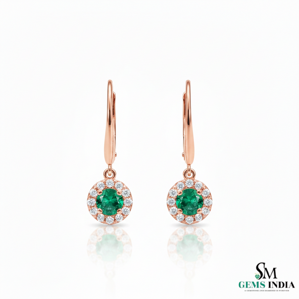 Round Emerald Halo Diamond Drop Leverback Earrings - Fine Gemstone Jewelry