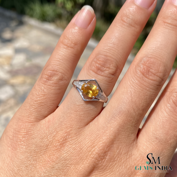 Oval Citrine Diamond Ring In 14K Gold- Statement Ring For Her