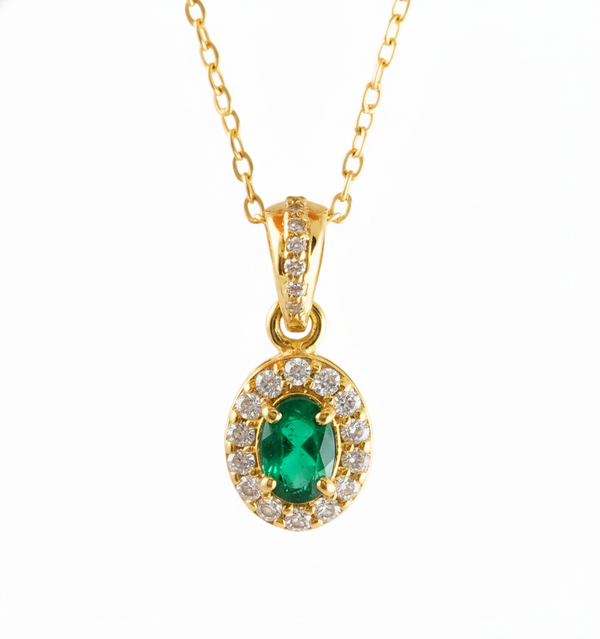 1.02 carat Oval shape Natural Green Emerald Halo Diamond Pendant Necklace in 14K Gold