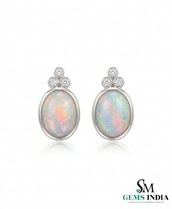 Oval Opal & Diamond Stud Earrings Elegant October Birthstone Opal Earrings for Women