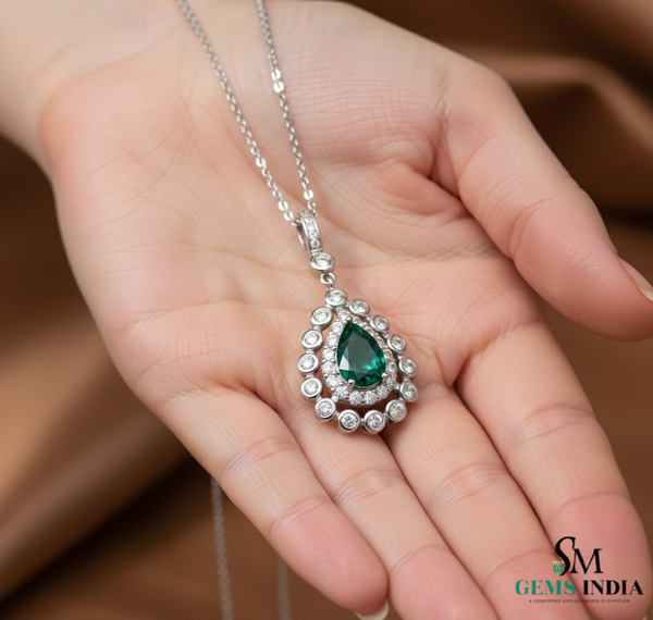 Natural Green Emerald & Diamond Teardrop Pendant - Anniversary Gift