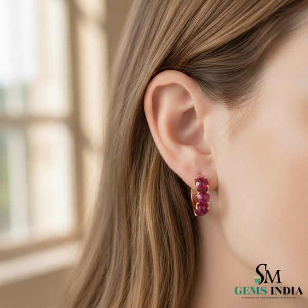 Round Natural Ruby Huggie Hoop Earring Elegant Everyday Hoops