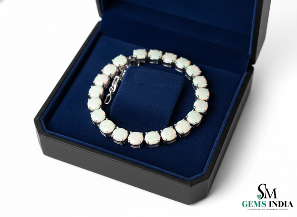 Round Opal Tennis Bracelet in 18k Gold – Classic Elegant Gemstone Jewelry