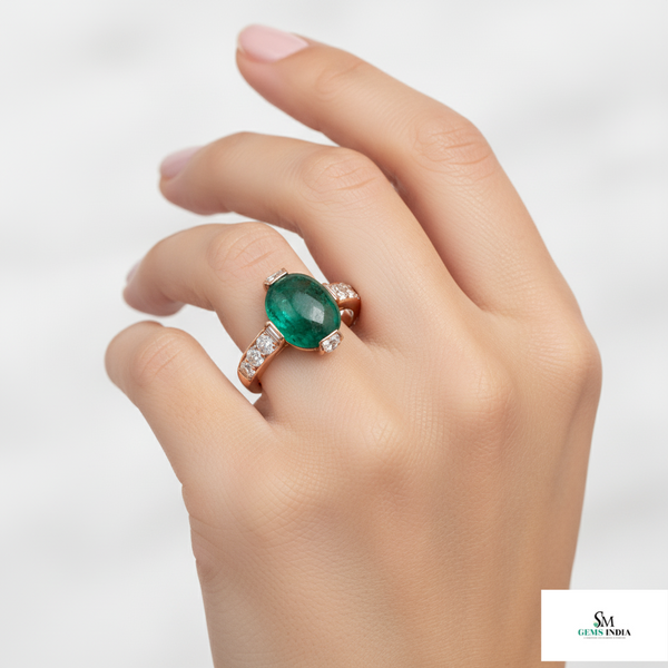 Oval shape Natural Emerald Cabochon Engagement Ring with Diamond Band 3.20 carat 18K Gold Ring
