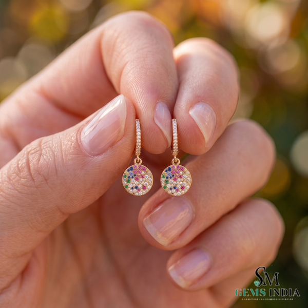 Multi-Color Sapphire & Diamond Disc Drop Hoop Earrings - Rainbow Gemstone Fine Jewelry for Women
