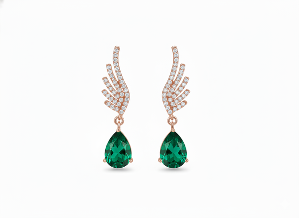 Pear shape Natural Emerald Wing Drop Earrings with Diamond Accents in 14k Gold
