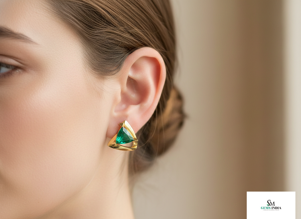 Trillion Cut Triangle shape Natural Emerald Stud Earrings in 14k gold Bold Geometric Earrings