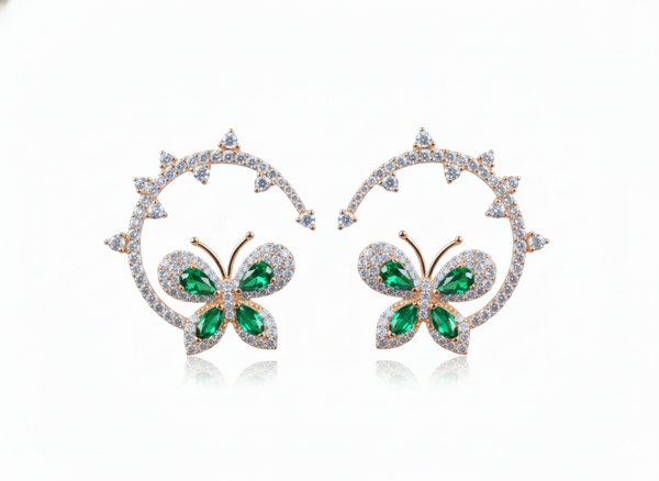 1.80 carat 14k Gold Marquise Emerald Butterfly Huggie Earrings Natural Emerald & Diamond