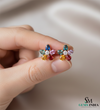 Multicolor Pear Cut Gemstone Flower Stud Earrings – Diamond Center Floral Cluster Earrings for Women