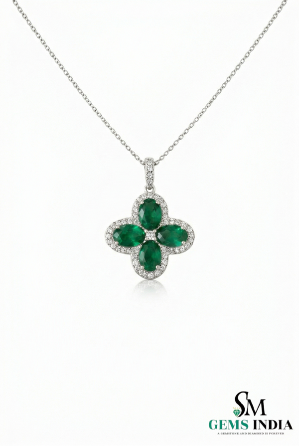 Oval Emerald Cluster Clover Pendant with Diamond Halo in Gold