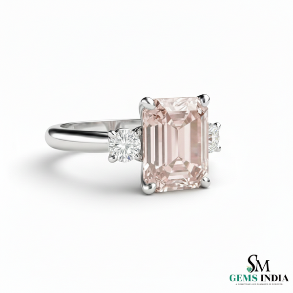 Emerald Cut Morganite Diamond Promise Ring in 18K Gold - Gift For Her