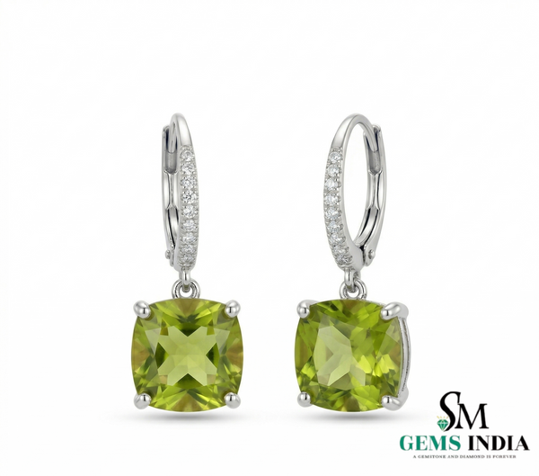 Cushion Cut Peridot Drop Earrings and Diamonds - Elegant Dangle Earrings for Women
