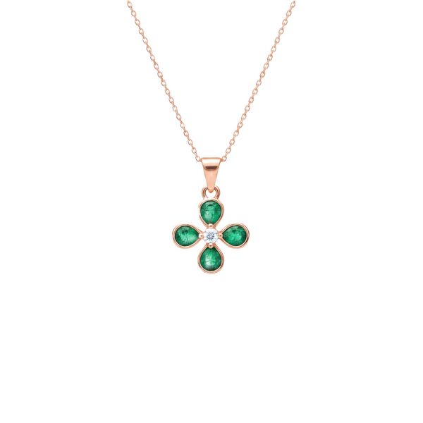 Pear shaped Natural Emerald and Diamond Four-Leaf Clover Pendant in 14K Gold Gift for her