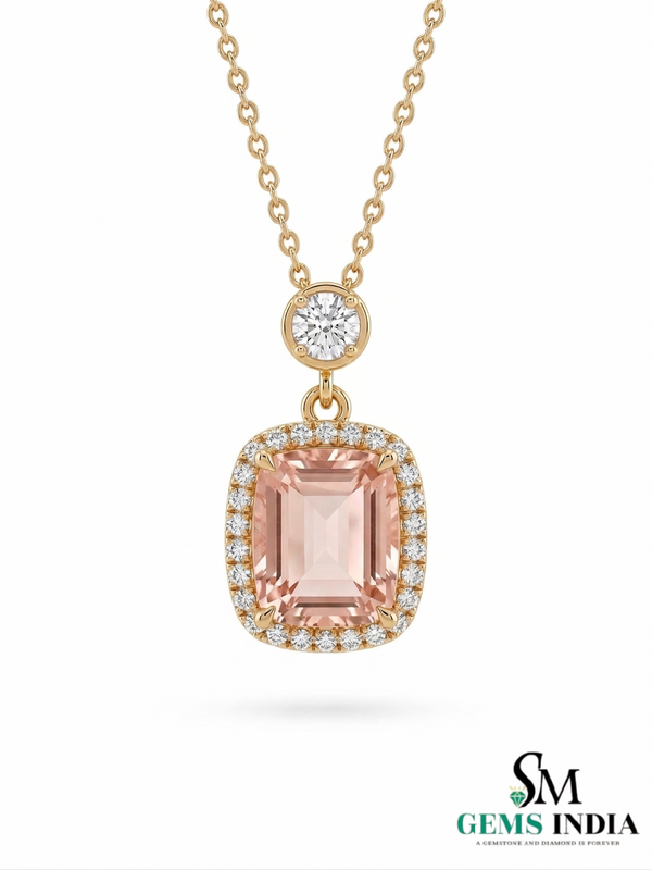 Luxury Emerald Cut Morganite & Diamond Halo Pendant Necklace