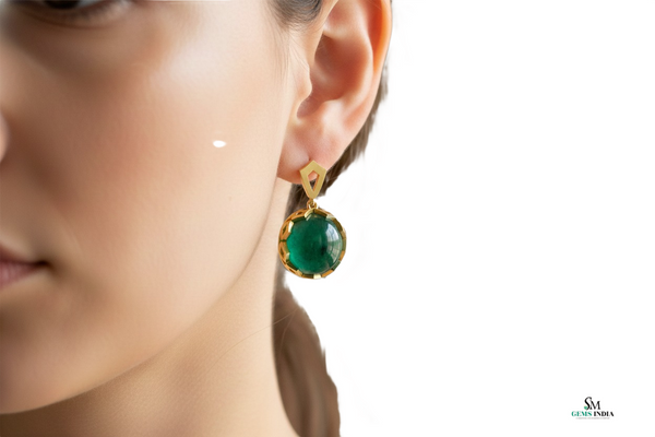Emerald Dangle Earrings 14k Gold Round Cabochon May Birthstone