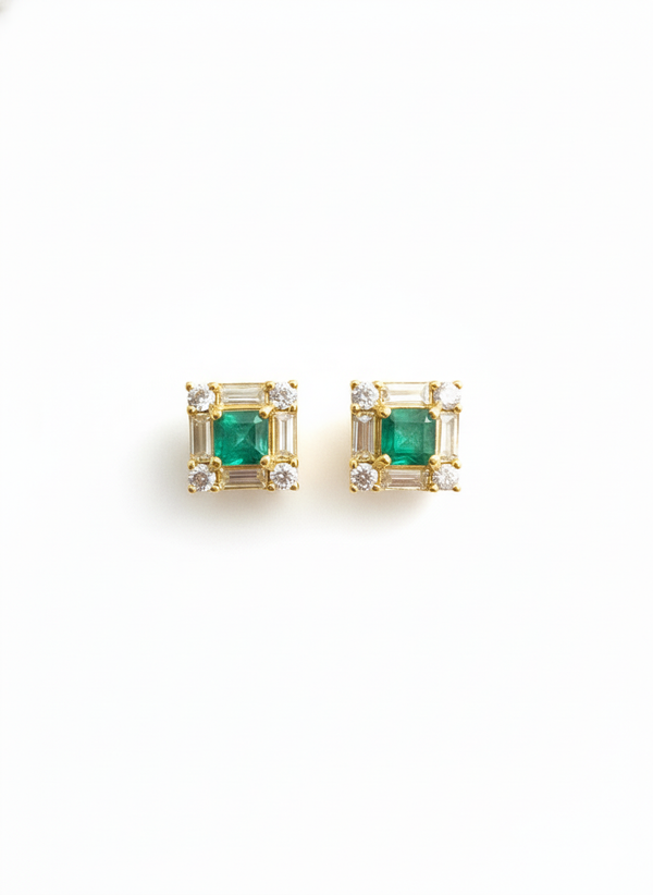 Square shape Natural Emerald Halo Studs with Diamond Accents – Fine Gold Earrings