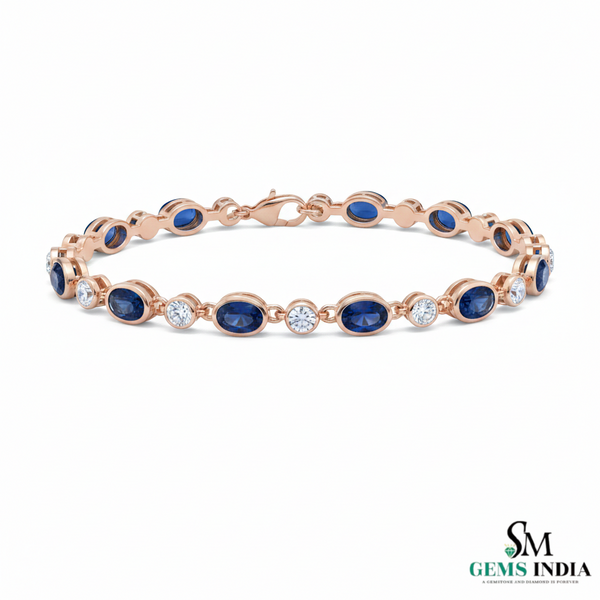 Oval cut Blue Sapphire & Diamond Tennis Bracelet – Anniversary Gift for Her