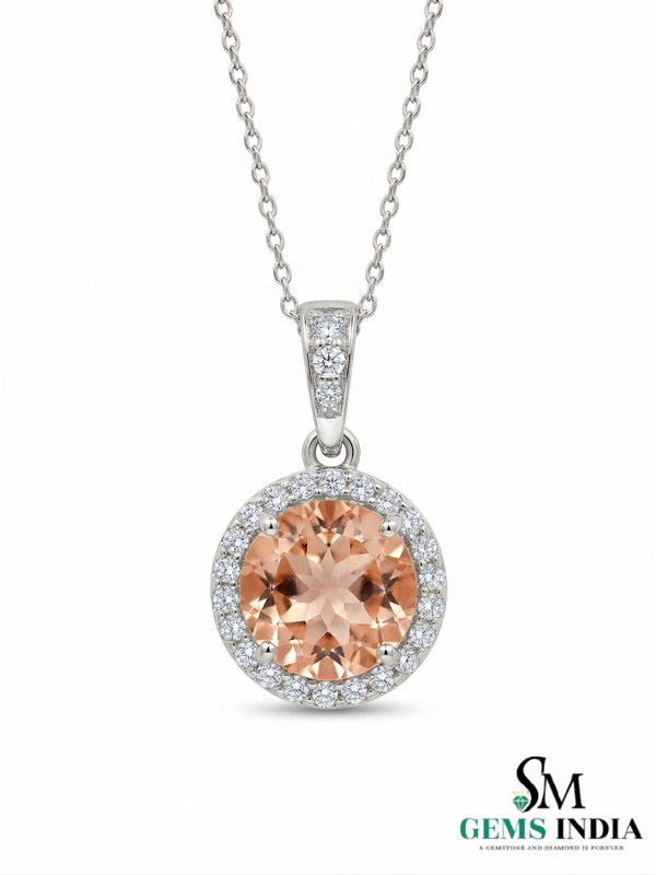 Fine Jewelry Morganite Halo Necklace with Diamond Bail