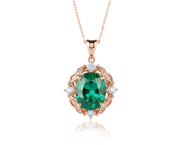 4.3 CARAT Oval Emerald and Diamond Halo Pendant in Solid Gold Timeless Green Gemstone Jewelry