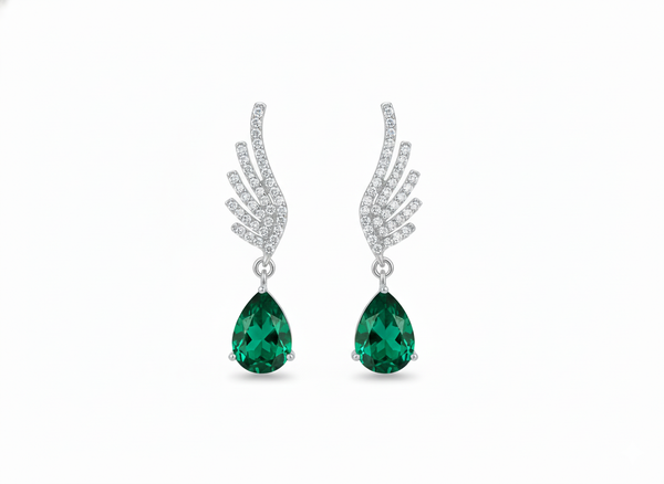 Pear shape Natural Emerald Wing Drop Earrings with Diamond Accents in 14k Gold