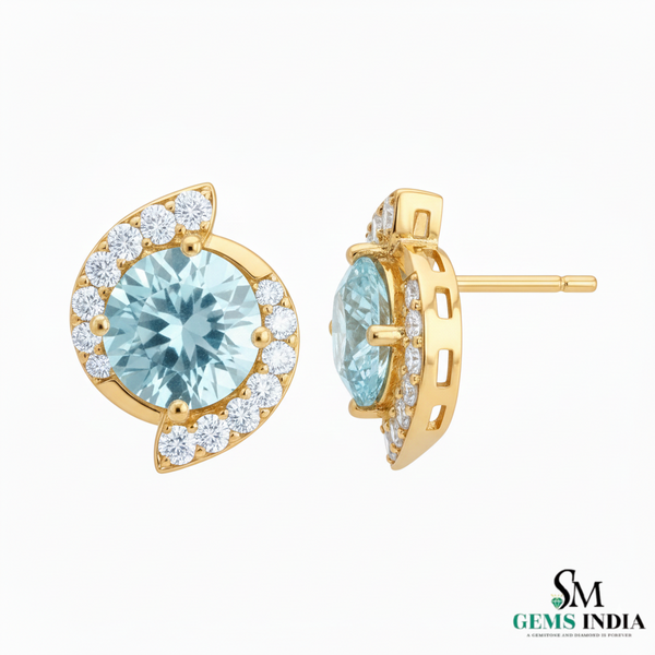 Round Cut Aquamarine & Diamond Stud Earrings
