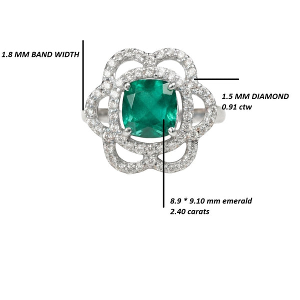 Cushion Cut Natural Emerald and Diamond Flower Halo Ring in 1.10 Carat Unique Anniversary gift for her