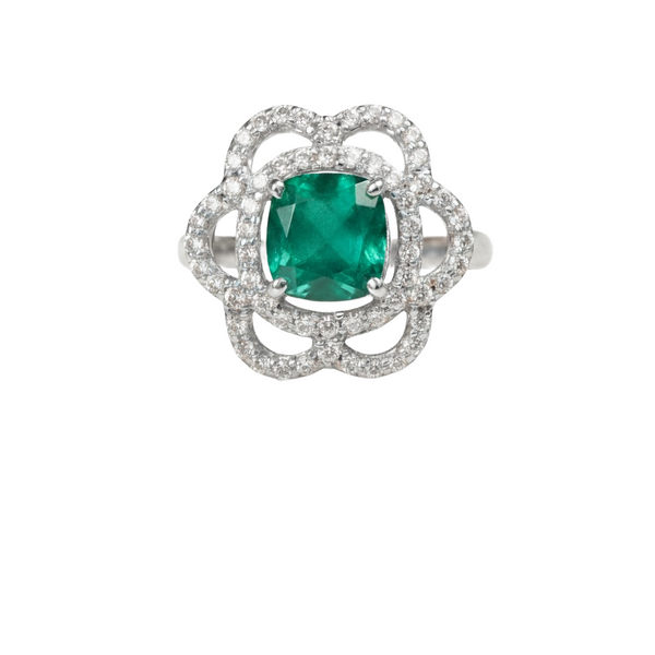 Cushion Cut Natural Emerald and Diamond Flower Halo Ring in 1.10 Carat Unique Anniversary gift for her