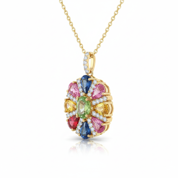 Rainbow Pear & Oval Gemstone Flower Pendant Multicolor Gemstone Necklace