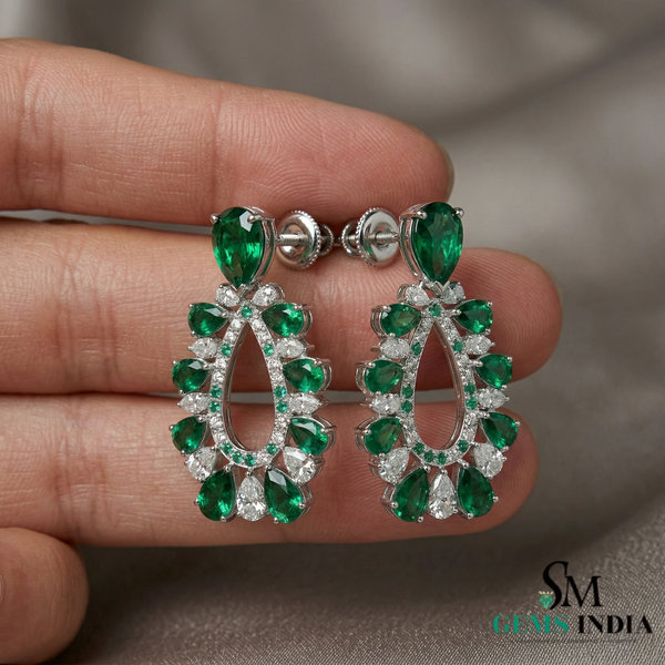 Pear Shape Emerald &; Diamond Drop Earrings in 18k Gold – Statement Jewelry