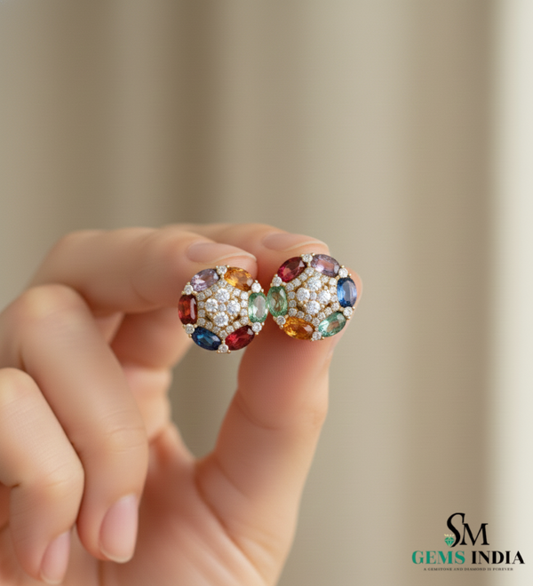 Oval shaped Rainbow Sapphire Diamond Floral Stud Earrings in14K Gold