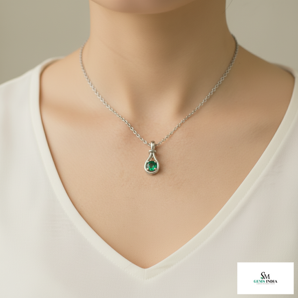 1.10 Round Natural Emerald pear-shaped open-frame design Pendant 14k Gold Solitaire Necklace