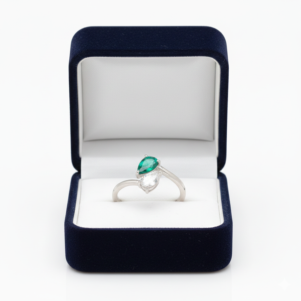 Pear Shape Natural Emerald And Moissanite Solitaire Ring - Women May Birthstone Gift Ring